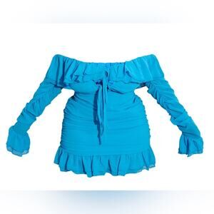 PrettyLittleThing Plus Cobalt Blue Bardot Ruched Ruffle Mini Dress 20 NWT